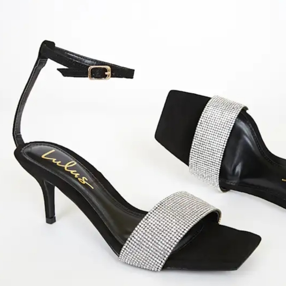 Lulus Shylaa Black Rhinestone Ankle Strap Heels Size 9 NWT - Picture 2 of 9